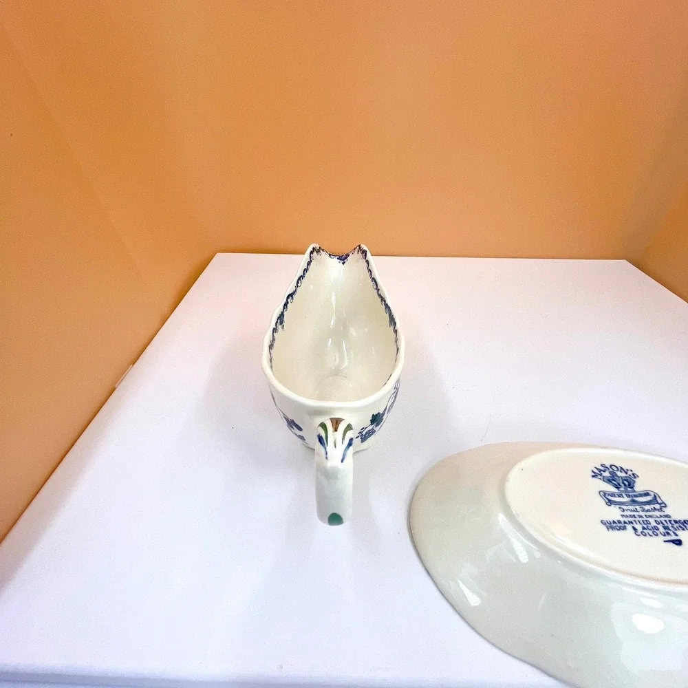 Mason's Ironstone Gravy Boat with‎ Saucer: Blue Fruit Basket Chinoiserie